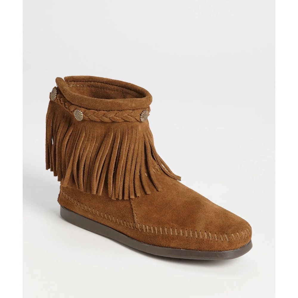 Minnetonka Suede Fringe Bootie Back Zip Women 6.5 in Dusty Brown Braided Trim